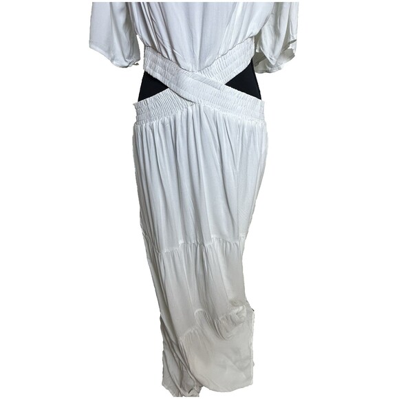White Boho Maxi Dress XL Flutter Sleeve‎ Pockets Cutout Waist Tiered Cottagecore - Picture 4 of 15